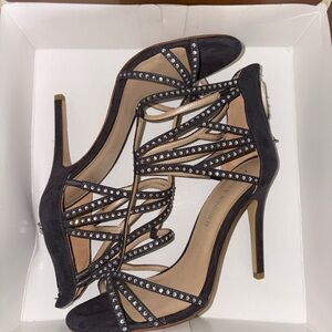 Audrey Brooke Elegant Dark Grey Strappy Heels with Rhinestones